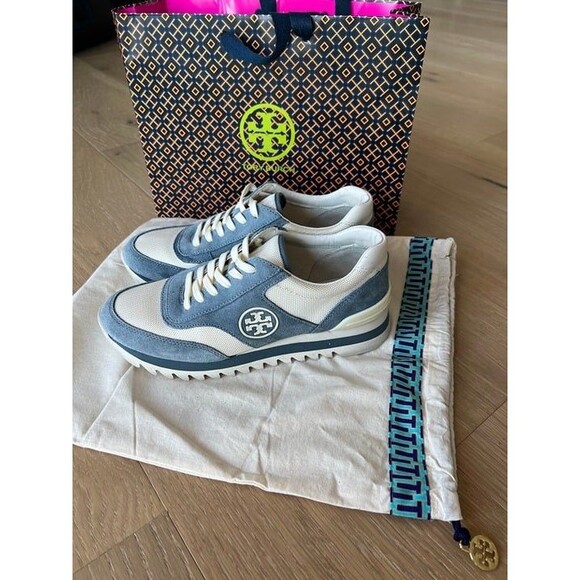Tory Burch Sawtooth Logo Ivory Blue Low Top Sneaker Trainer Shoes 7.5 - Picture 1 of 10